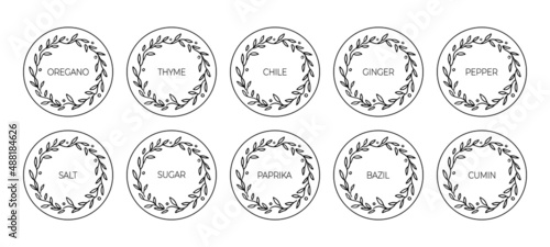 Spices labels. Round black and white labels or stickers with floral frame. Vector set