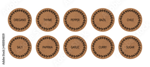 Vintage labels for spices. Round food labels or stickers with a floral frame. For marking food containers. Vector set
