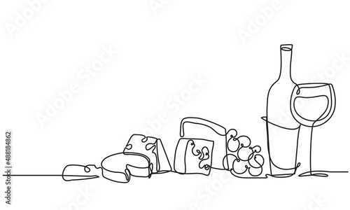 Wine glass, a bottle of wine and cheese. Still life. Sketch. Draw a continuous line. Décor. It is a lot of pieces of cheese