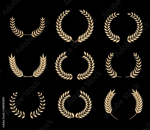 Gold laurel wreath. Circle golden olive leaves. Vector award emblems
