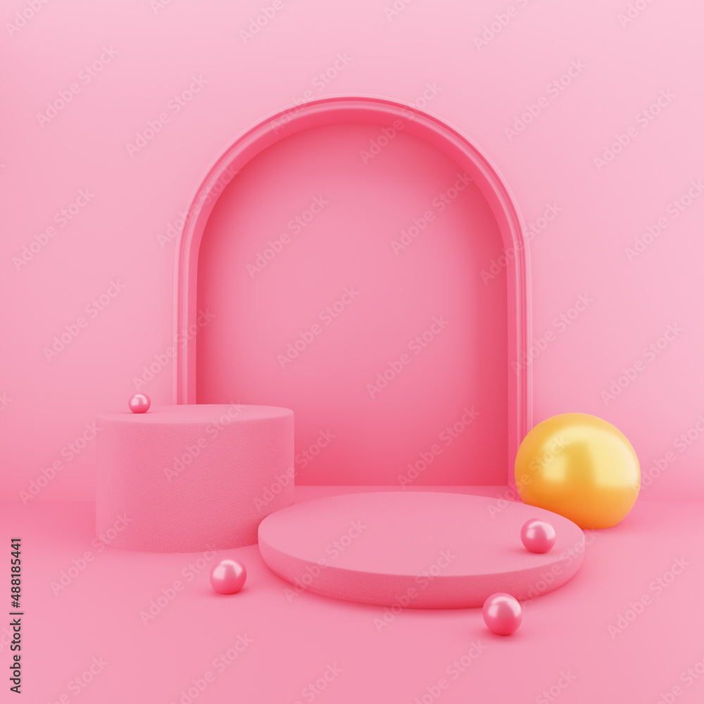 Pink podium with golden ball for product display stand romance love platform on pink background 3d rendering 