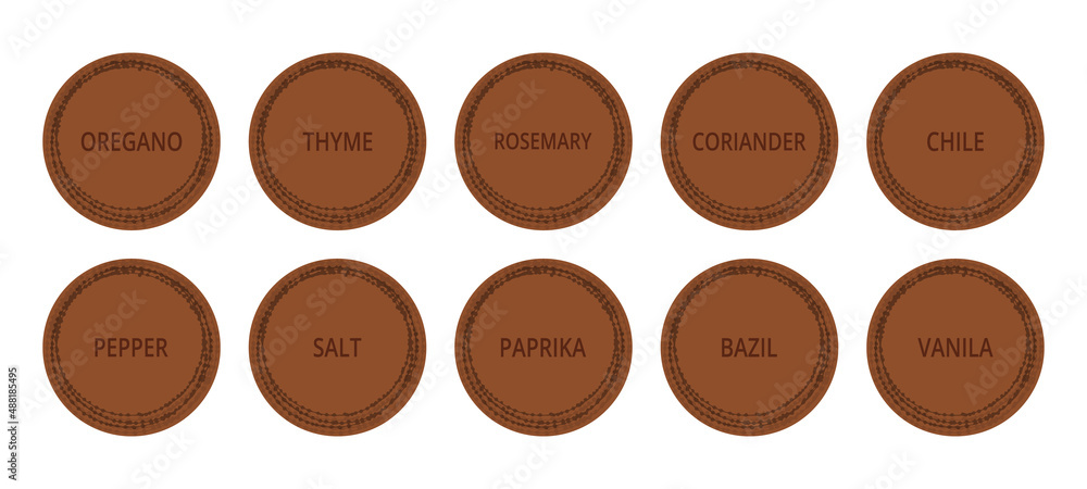 Cardboard labels for spices. Round food labels or stickers. For marking kitchen food containers and jars. Vector set 