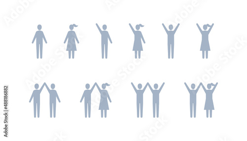 People hands up icon set, Vector silhouette illustration. 