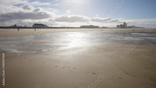 People with dog walking on the pristine beach on the North Sea shore of Ostend, Belgium coast. The Royal Galleries of Ostend in the background photo