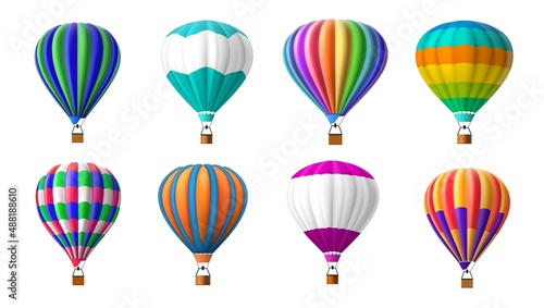 Hot air balloon. Realistic airship with basket in flight. Striped dome. Summer journey and creative travel concept. Sky transportation. Aerial vehicles. Vector flying transport set