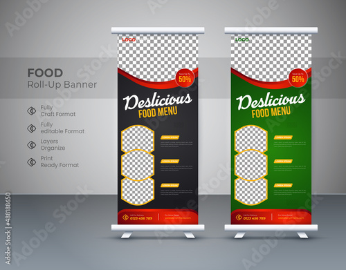 Corporate food roll-up banner for Restaurant. food Roll up banner design green, food roll up banner template red, food roll-up banner, Editable template