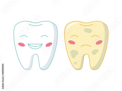 White and yellow tooth. Cartoon teeth characters before and after whitening. Happy healthy and sad bad molars with funny faces. Oral care. Dentistry and hygiene. Vector illustration