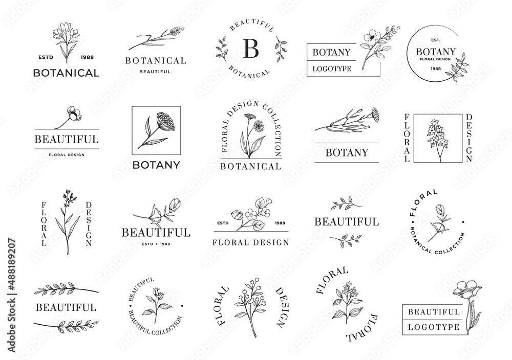 Botanical emblem. Minimalistic abstract logo with plant branches and flowers. Beautiful botany. Blossoms or leaves. Calligraphic icons. Blooming herbs. Vector floral rustic symbols set
