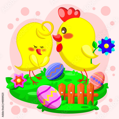 Easter chickens on a green background with colored eggs and flowers
