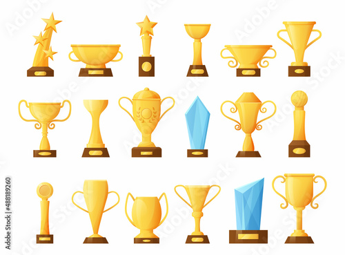 Cartoon cup. Golden championship reward. Isolated winner prize for competition. Tournament trophy shapes. First place winning goblet. Game victory award. Vector achievement icon set