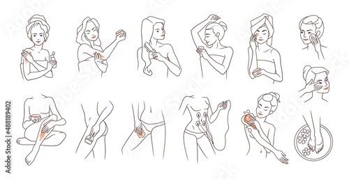 Skin and body care. Women characters apply lotion and cream on face, legs or hands. Spa procedure. Female using cosmetics. Person washing torso with sponge. Vector line art girls set