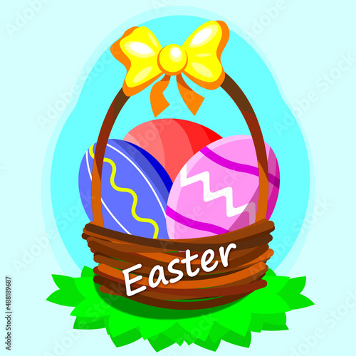 Easter card colored eggs in a basket on a floral background in the grass
