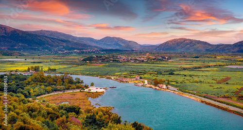 Panoramic spring view of Butrint National Park with Venetian Triangle Castle. Stunning sunrise in Albania, Europe. Traveling concept background.