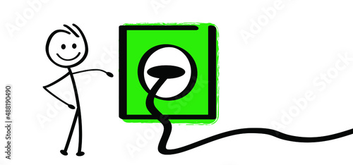 Cartoon Stickman figure, Stickman with green power and plug. green bio or eco power icon or symbol. Natural energy sveing leaves and electric plugs. Electrical cable plug. Ecology concept photo