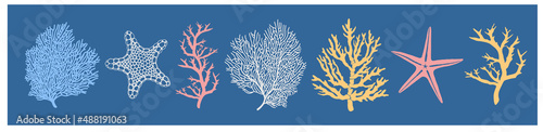 Marine fauna. Set of seven colored vector silhouettes of starfish and corals isolated on blue background.