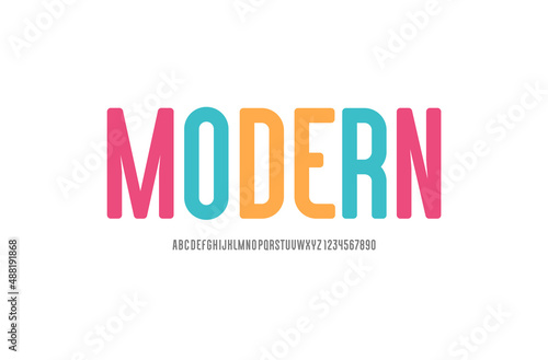 Condensed modern font, rounded narrow alphabet, letters and numbers