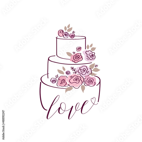 Hand drawn wedding cake with cute flowers. Elements for wedding, birthday, valentines day. Vector illustration.