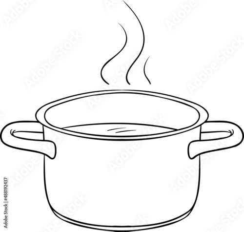 cooking pot. Monochrome comic outline vector isolated.
