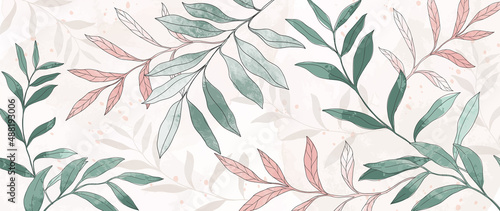 Botanical hand drawn background. Leaf line art watercolor wallpaper with green, pink leaves and branches. Warm tone design for banner, prints, wall art, fabric and home decor.
