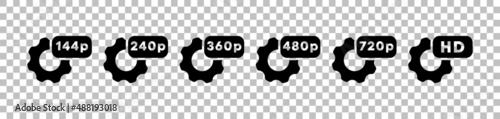 Video quality icon set. Gears with video dimension. Screen resolution. Vector illustration