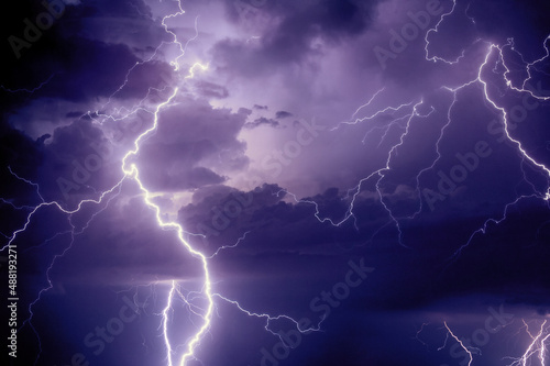 Thunder and lightning during summer storm at night.