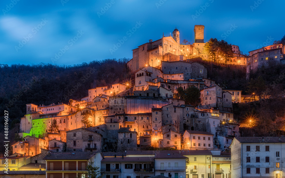 Panoramic view of Cantalice on a winter evening, beautiful village in the Province of Rieti, Lazio, Italy.