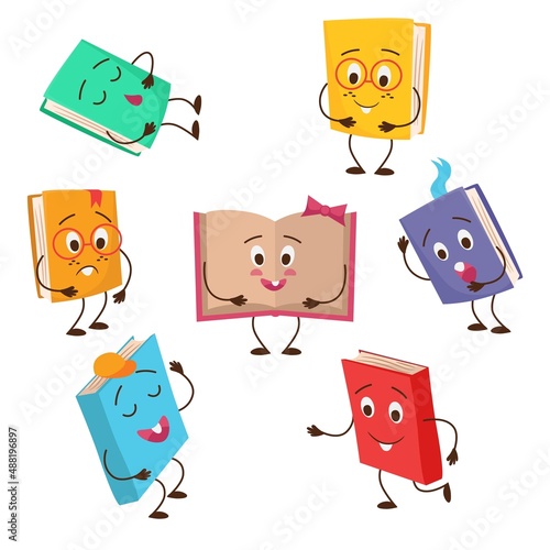 Book character. Cartoon comic clipart book mascot with hands, legs, and funny faces. Vector books set