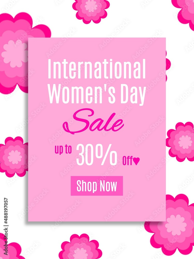 International Women's Day sale up to 30%off. Special discount banner. Thirty percent off. Pink Background. Limited offer. Shop Now.