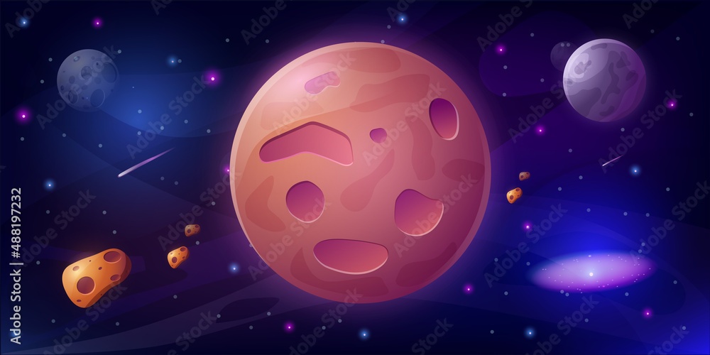 Space planet landscape. Cartoon cosmic scene with planets stars and astronomical objects. Vector illustration