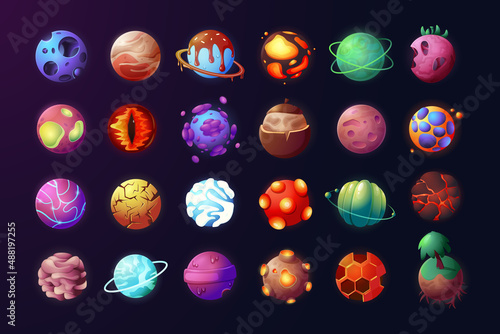 Space planets. Cartoon galaxy astronomical colorful objects, science fiction game interface elements. Vector set