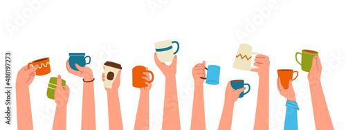 Hands with cups. Cartoon raised hands mugs and paper tea cups, persons hand with hot drink. Vector set