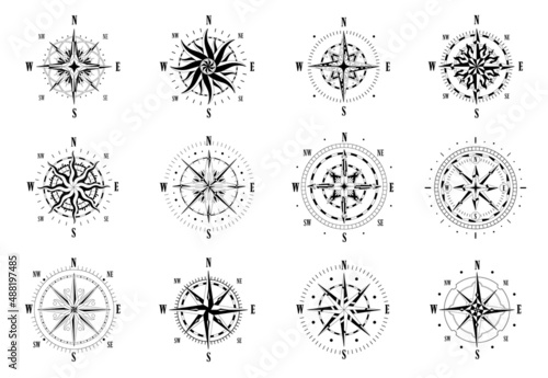 Compass old icons. Vintage nautical wind roses and navigation cartography symbol. Vector travel and direction icon set