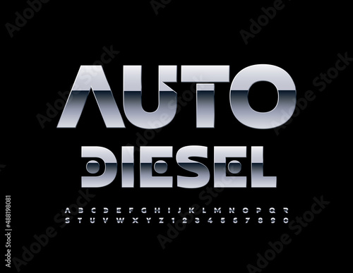 Vector steel logo Auto Diesel. Unique Metallic Font. Artistic  Alphabet Letters and Numbers 