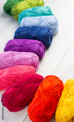 Rainbow colored skeins of yarn