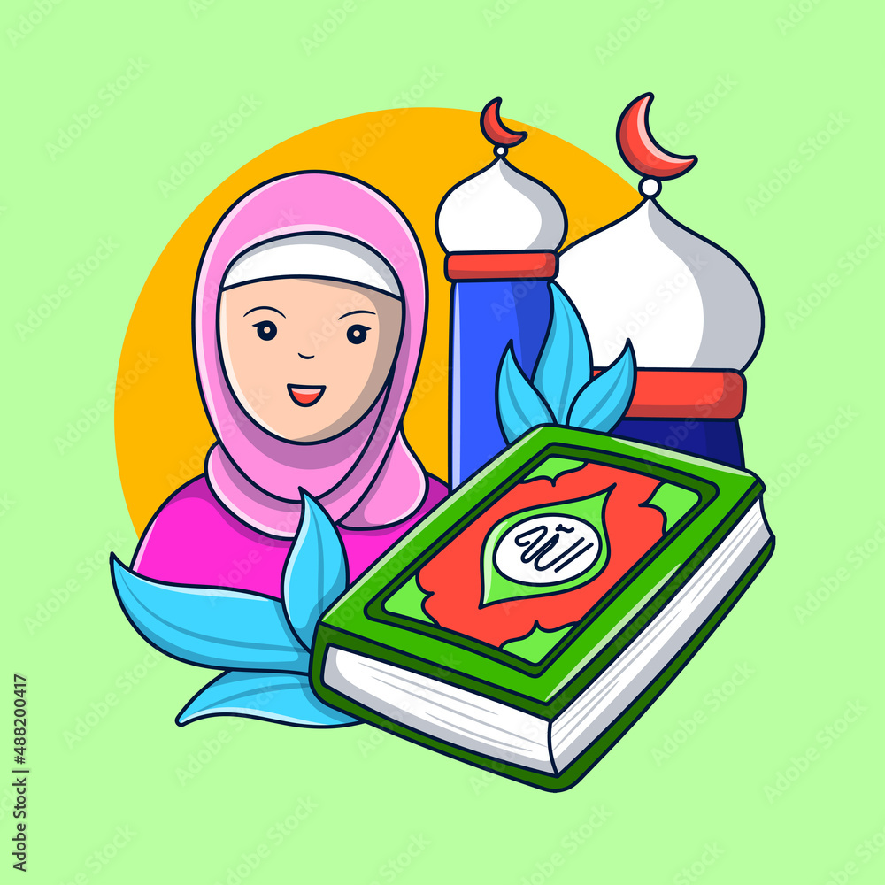 Muslim girl with koran, Ramadan time illustration with hand drawn cartoon  style Stock Vector | Adobe Stock