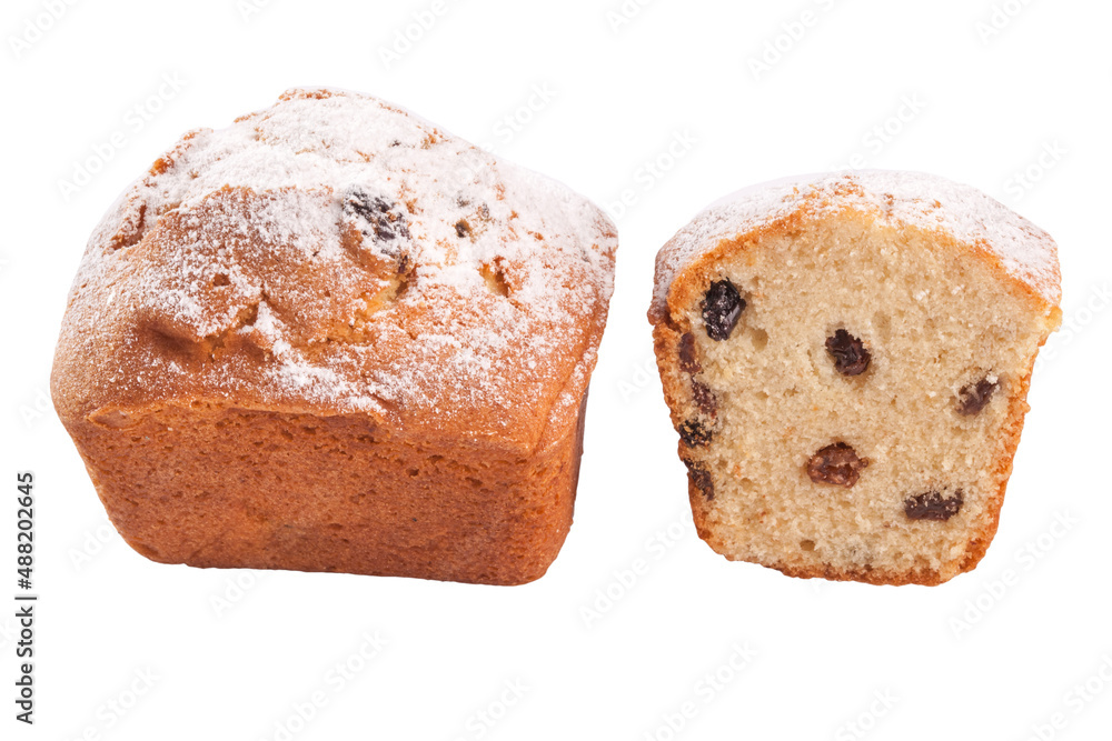 Sweet bread with raisins sprinkled with powdered sugar isolated on white Sweet bread with raisins sprinkled with powdered sugar isolated on white