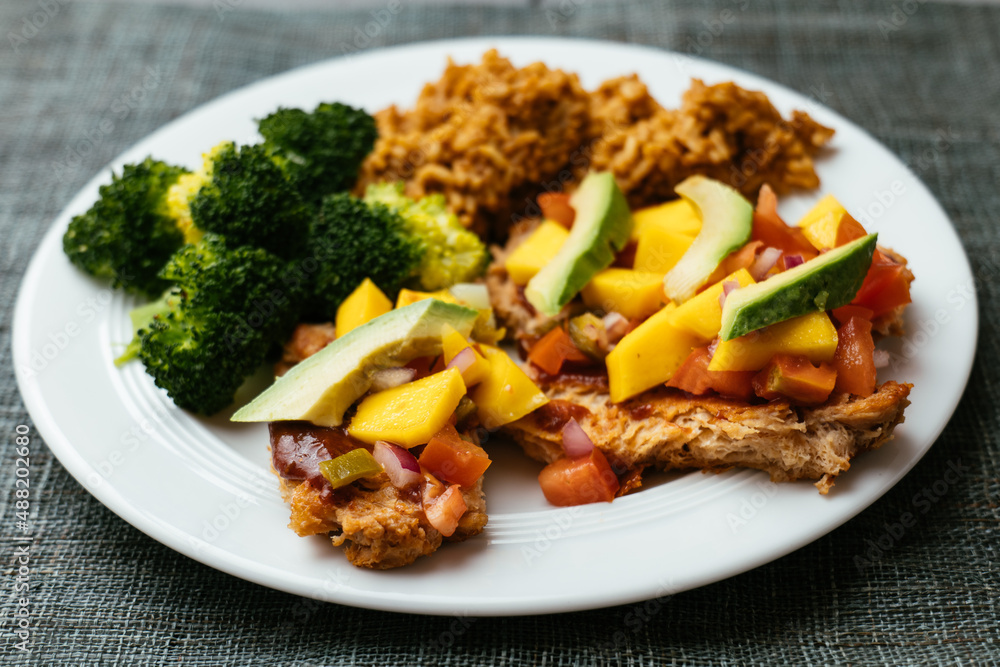 Spicy TVP Cutlets with Mango Salsa, Mexican Rice and Broccoli