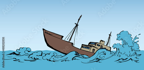Shipwreck in the waves. Vector drawing