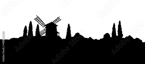 Vector drawing. The outline of the summer landscape with mill