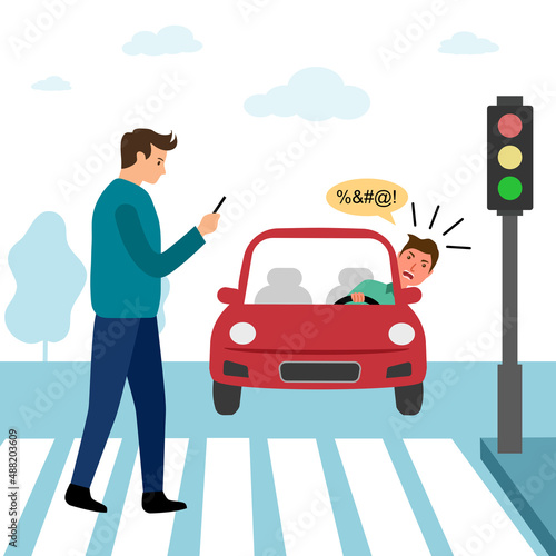 Man looking at mobile phone at crosswalk and car driver get angry in flat design. Pedestrian road accident.