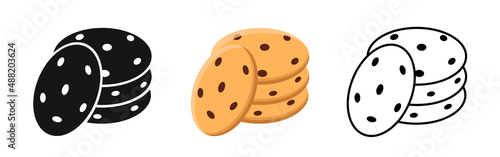 Chocolate chip cookies vector set. Sweet pastry icon, stack of cookies