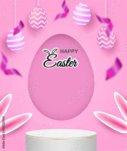 Happy easter theme product display podium. Colorful easter egg on pink background. Vector.