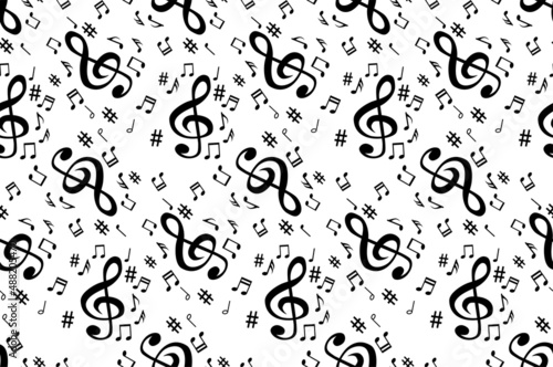 Abstract. Music notes melody pattern seamless background. Black notes symbols on white background. Vector.