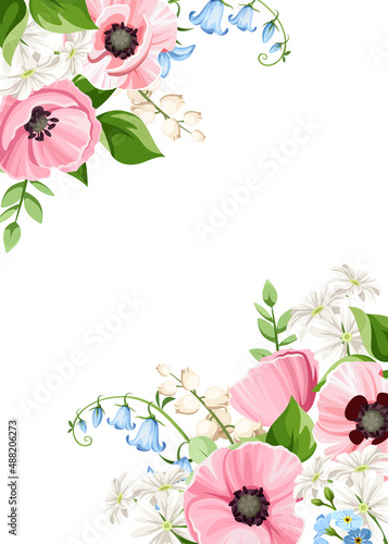 Card with pink poppy flowers, blue bluebell flowers, and white lily of the valley flowers. Vector greeting or invitation card design