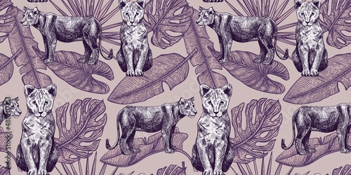 Tropical seamless pattern with lioness and lion cub. Vintage animals and leaves in engraving style.