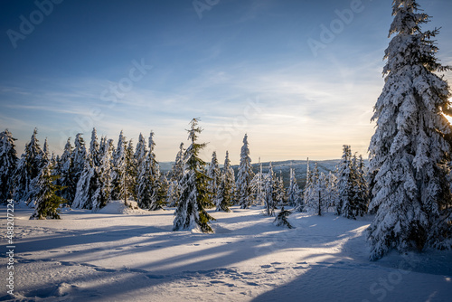 Winter panorama Dreisessel Mountains on the border of Germany with the Czech Republic, Bavarian Forest - Sumava National Park. High quality photo