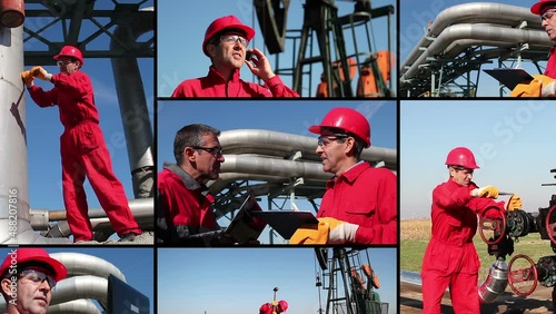Oil engineers and workers in an oilfield, montage split screen HD1080p