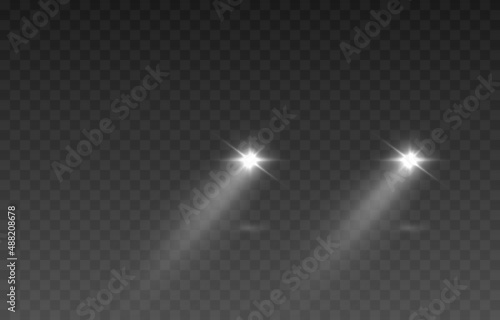 Vector light from the headlights PNG. Light from the headlights of a car on an isolated transparent background. Round headlights, white light PNG. Road lighting. PNG.
