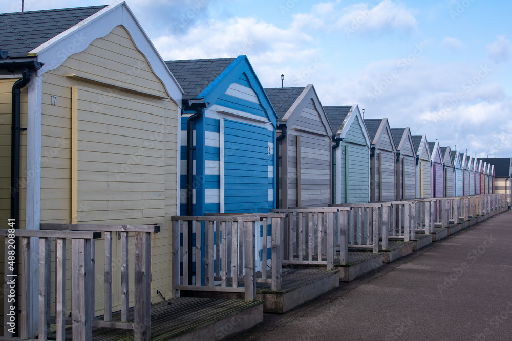 Beach huts on the promenade at Gorleston-on-sea in Norfolk, UK Beach huts on the promenade at Gorleston-on-sea in Norfolk, UK