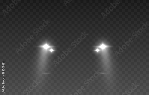 Vector light from the headlights PNG. Light from the headlights of a car on an isolated transparent background. Round headlights, white light PNG. Road lighting. PNG.